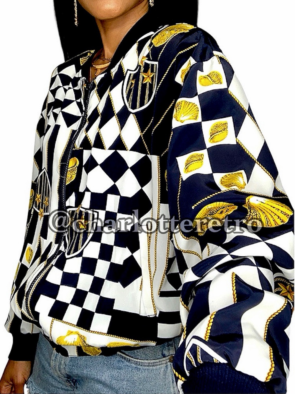 90s vtg CITY GIRLS Harlequin Nautical Bomber • USA